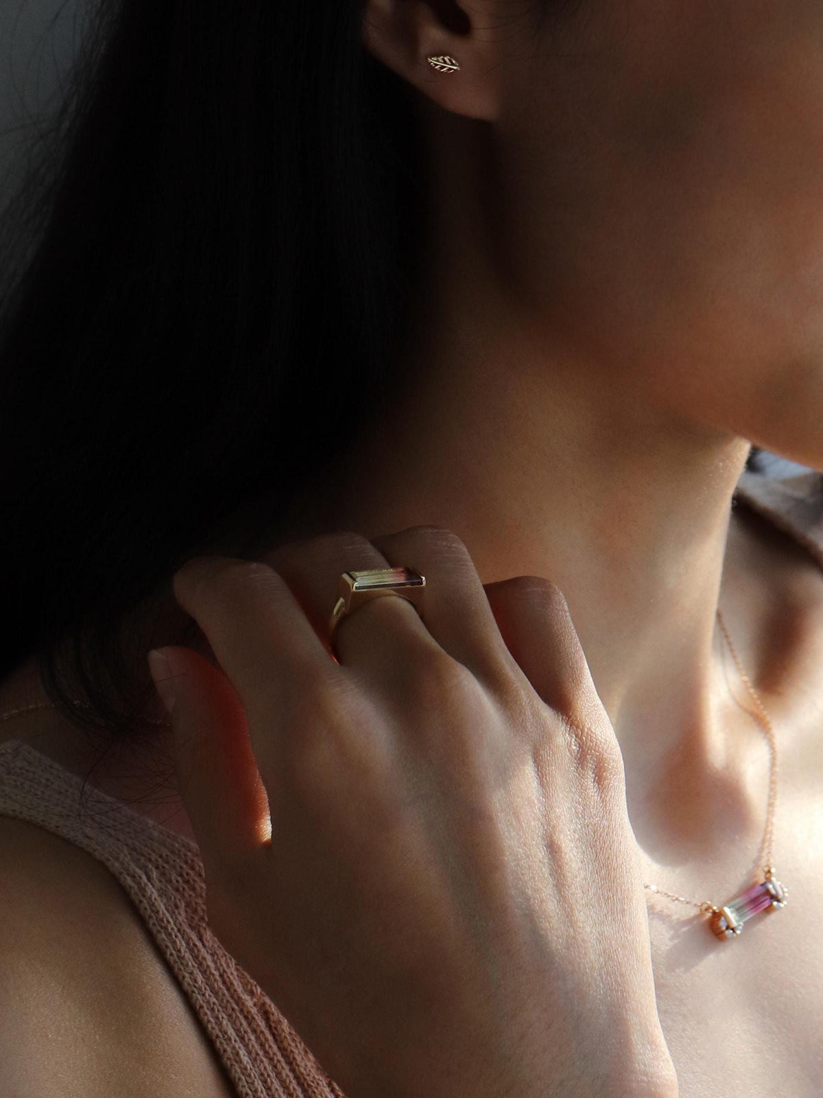 14-18K Solid Gold Watermelon Tourmaline Bar Ring, close-up detail, image 12