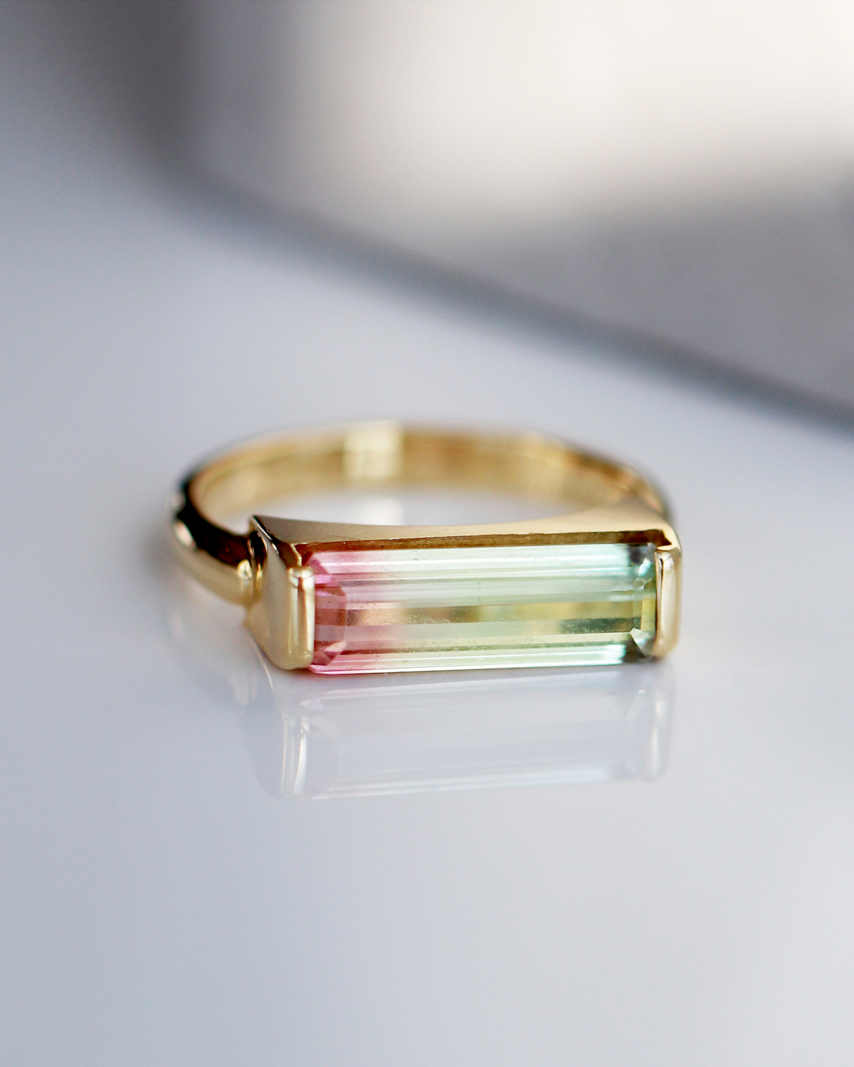 14-18K Solid Gold Watermelon Tourmaline Bar Ring