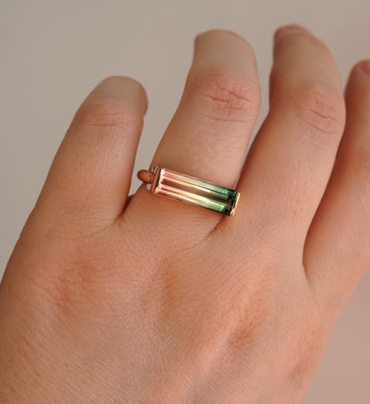 14-18K Solid Gold Watermelon Tourmaline Bar Ring