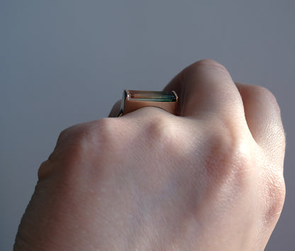 14-18K Solid Gold Watermelon Tourmaline Bar Ring