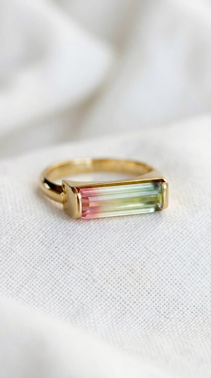 14-18K Solid Gold Watermelon Tourmaline Bar Ring