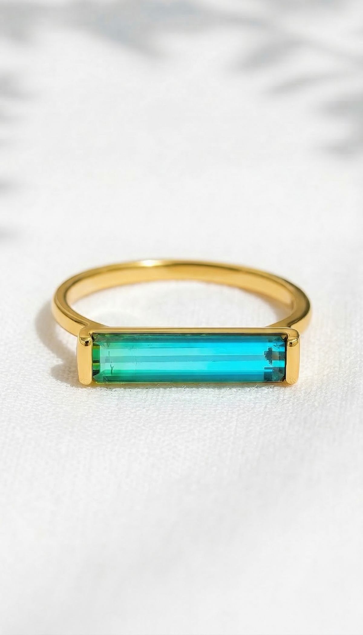 14K Gold Blue Tourmaline Long Bar Ring