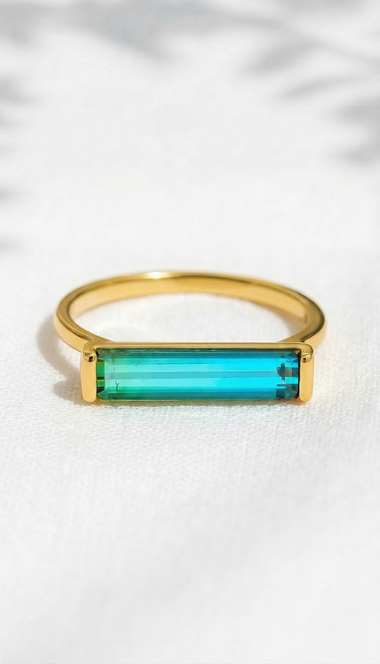 14K Gold Blue Tourmaline Long Bar Ring