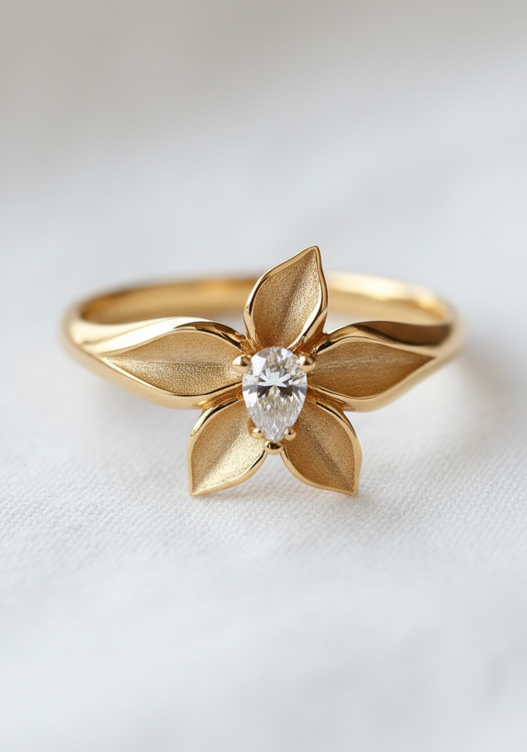 A gold flower ring with five petals and a central pear-cut clear gemstone, resting on a soft white textured fabric background.
