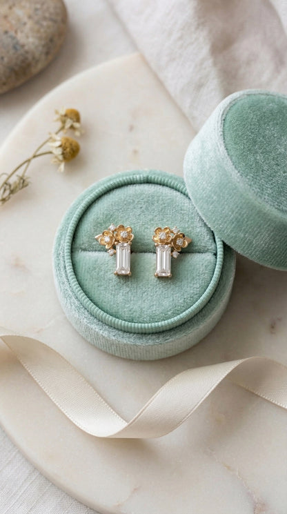 14K Gold Diamond Two Flowers Stud Earrings