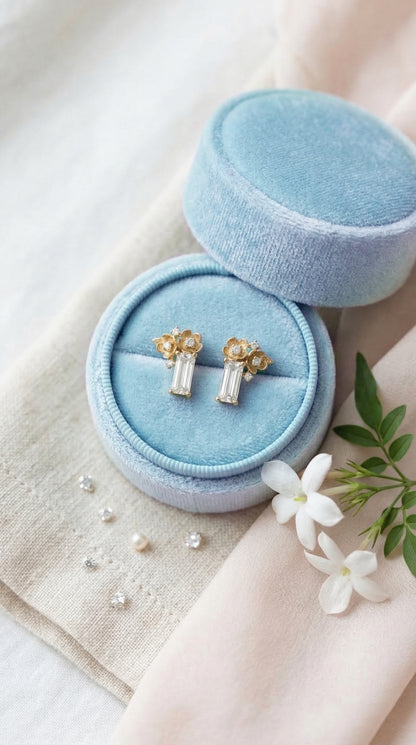 14K Gold Diamond Two Flowers Stud Earrings
