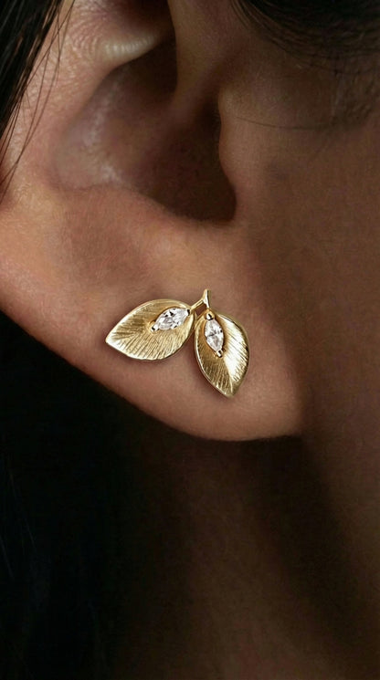 14K Gold Double Leaf Diamond Earrings