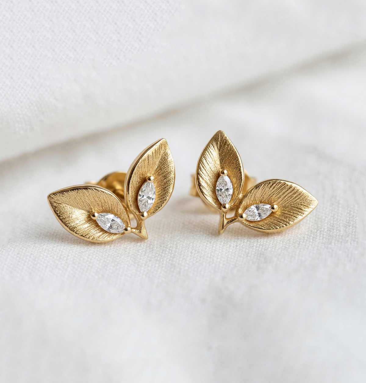 14K Gold Double Leaf Diamond Earrings