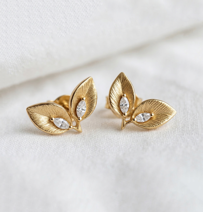 14K Gold Double Leaf Diamond Earrings