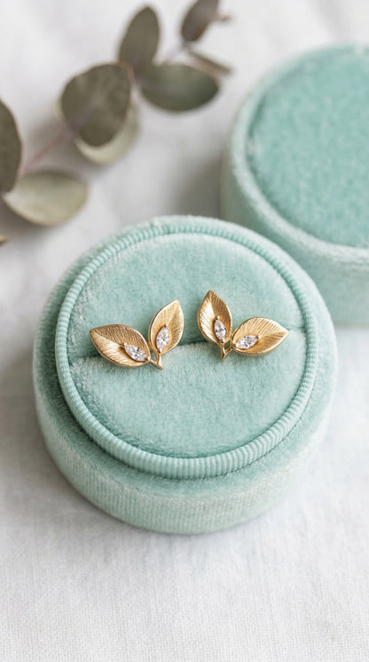 14K Gold Double Leaf Diamond Earrings