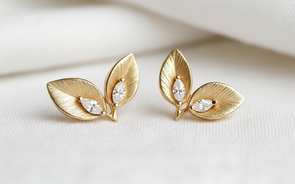 14K Gold Double Leaf Diamond Earrings