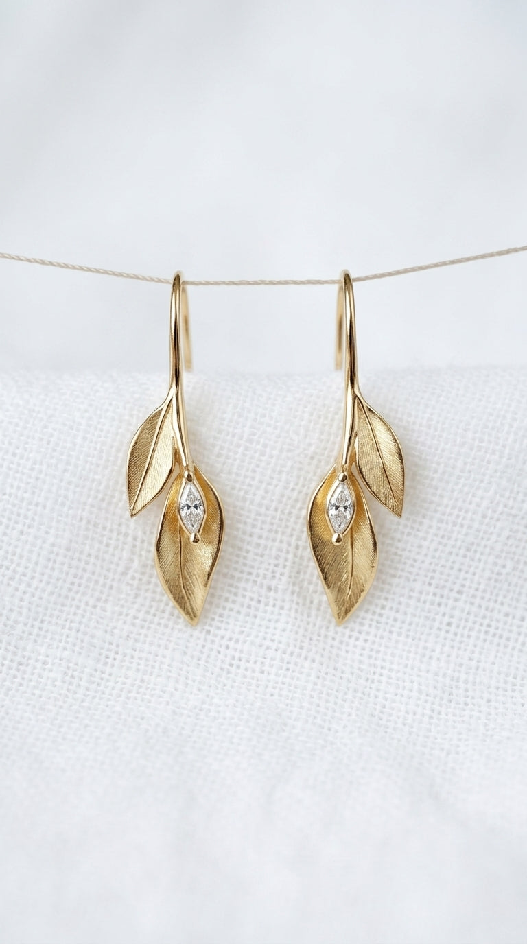 14K Gold Leaf Diamond Drop Earrings