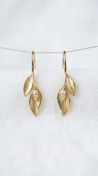 14K Gold Leaf Diamond Drop Earrings