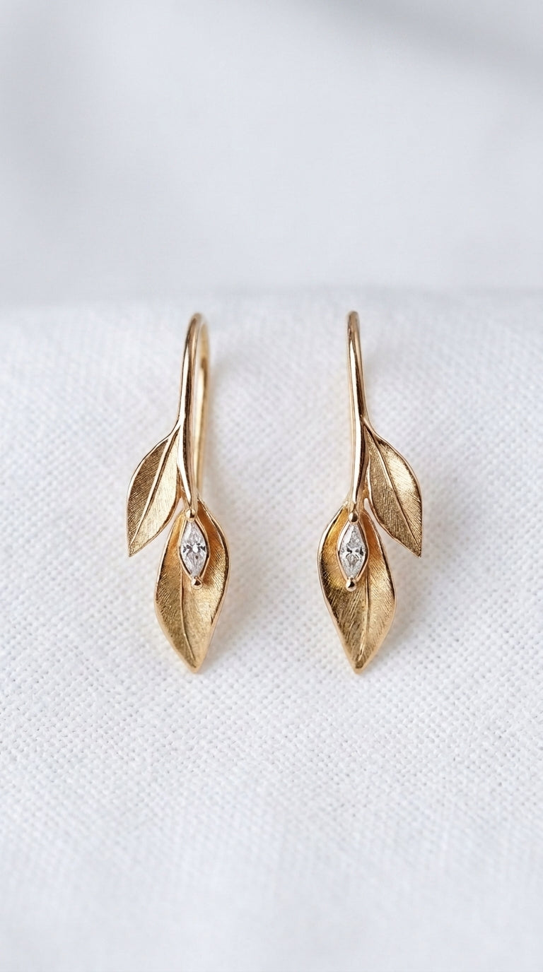 14K Gold Leaf Diamond Drop Earrings