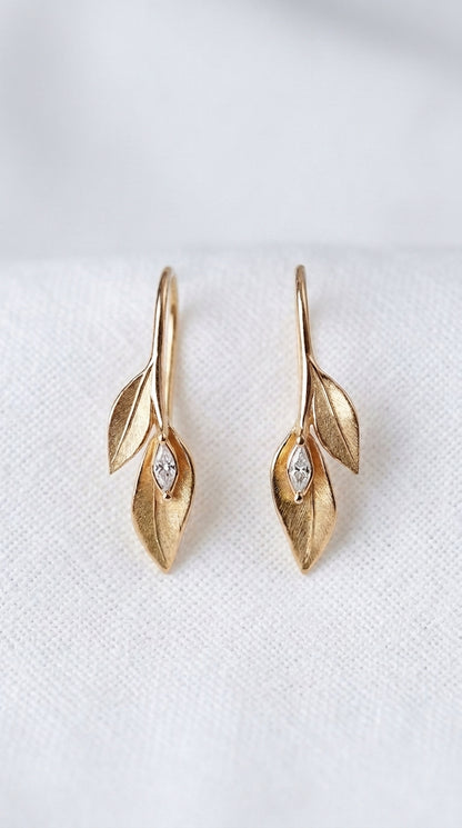14K Gold Leaf Diamond Drop Earrings