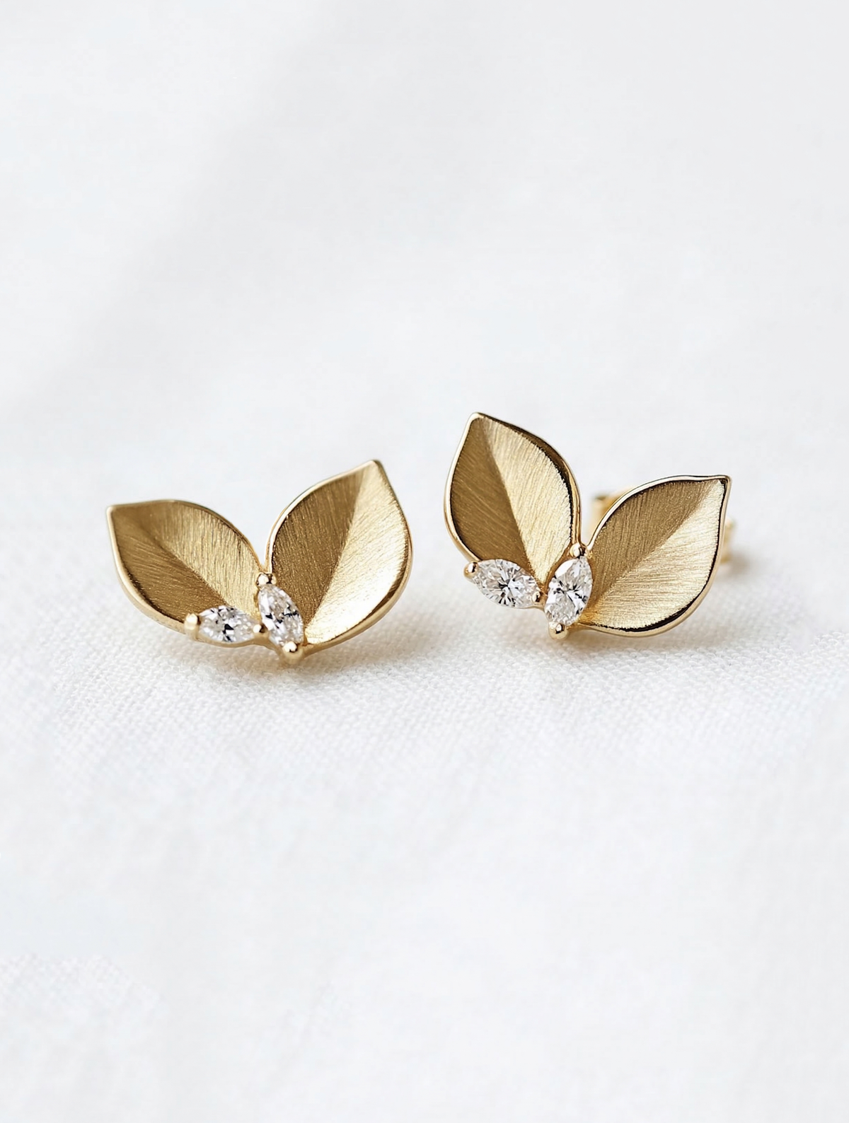 14K Gold Leaf Diamond Stud Earrings