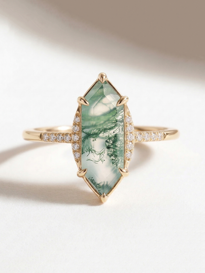 14K Gold Moss Agate Diamond Deco Ring