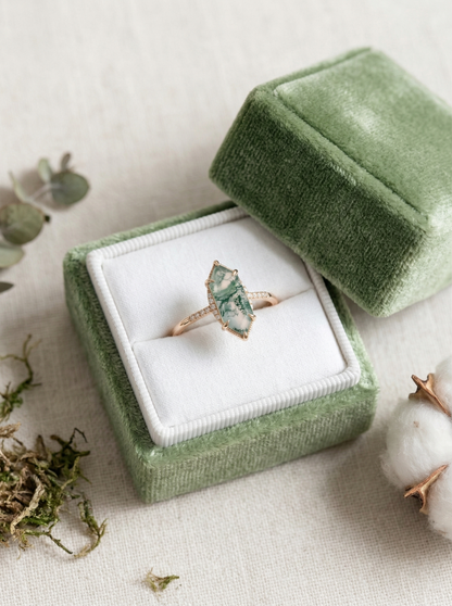 14K Gold Moss Agate Diamond Deco Ring