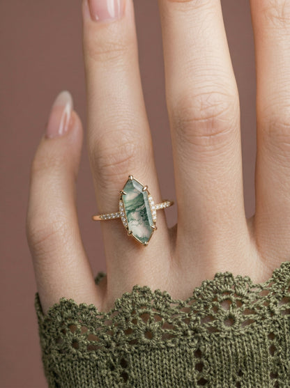 14K Gold Moss Agate Diamond Deco Ring