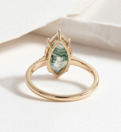 14K Gold Moss Agate Diamond Deco Ring