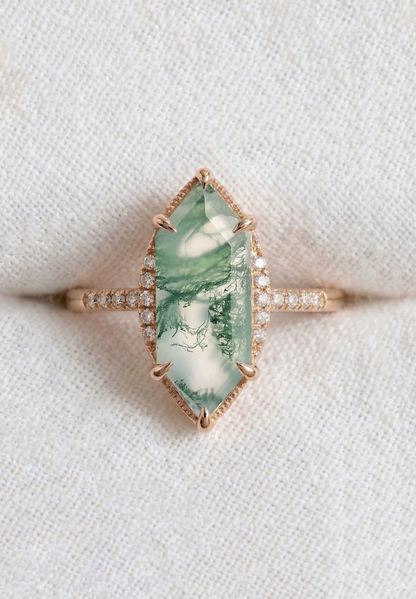 14K Gold Moss Agate Diamond Deco Ring