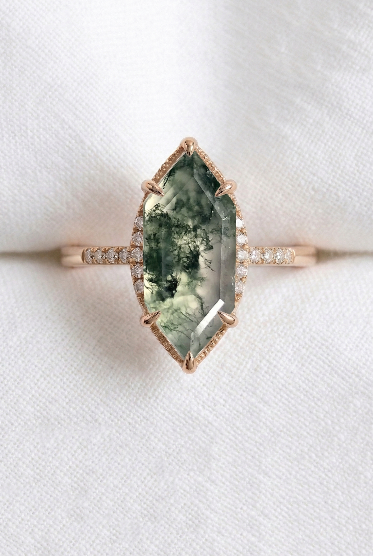 14K Gold Moss Agate Diamond Deco Ring