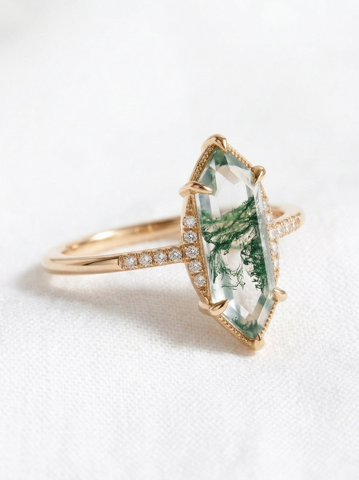 14K Gold Moss Agate Diamond Deco Ring