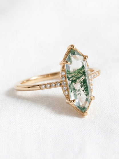 14K Gold Moss Agate Diamond Deco Ring