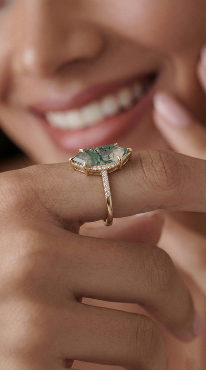 14K Gold Moss Agate Diamond Deco Ring