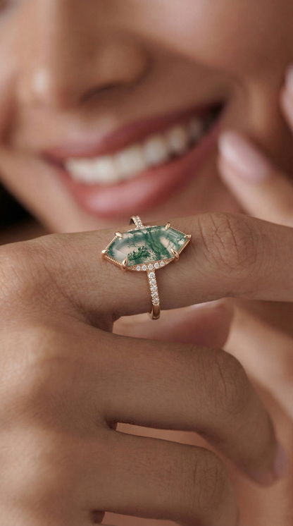14K Gold Moss Agate Diamond Deco Ring