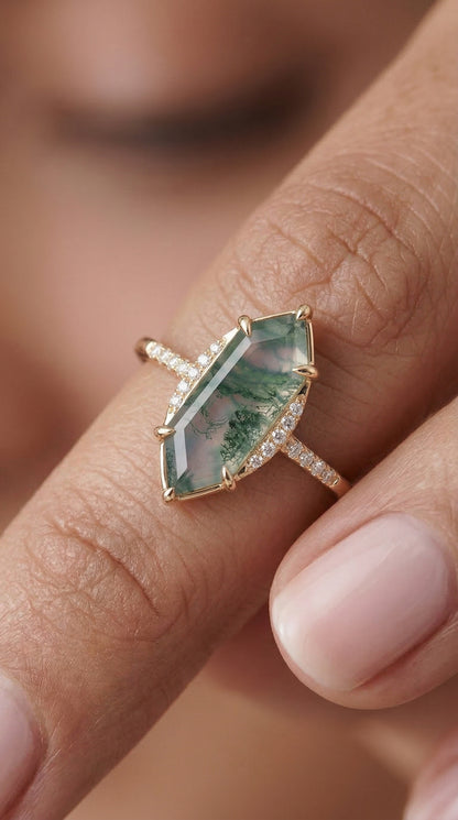 14K Gold Moss Agate Diamond Deco Ring