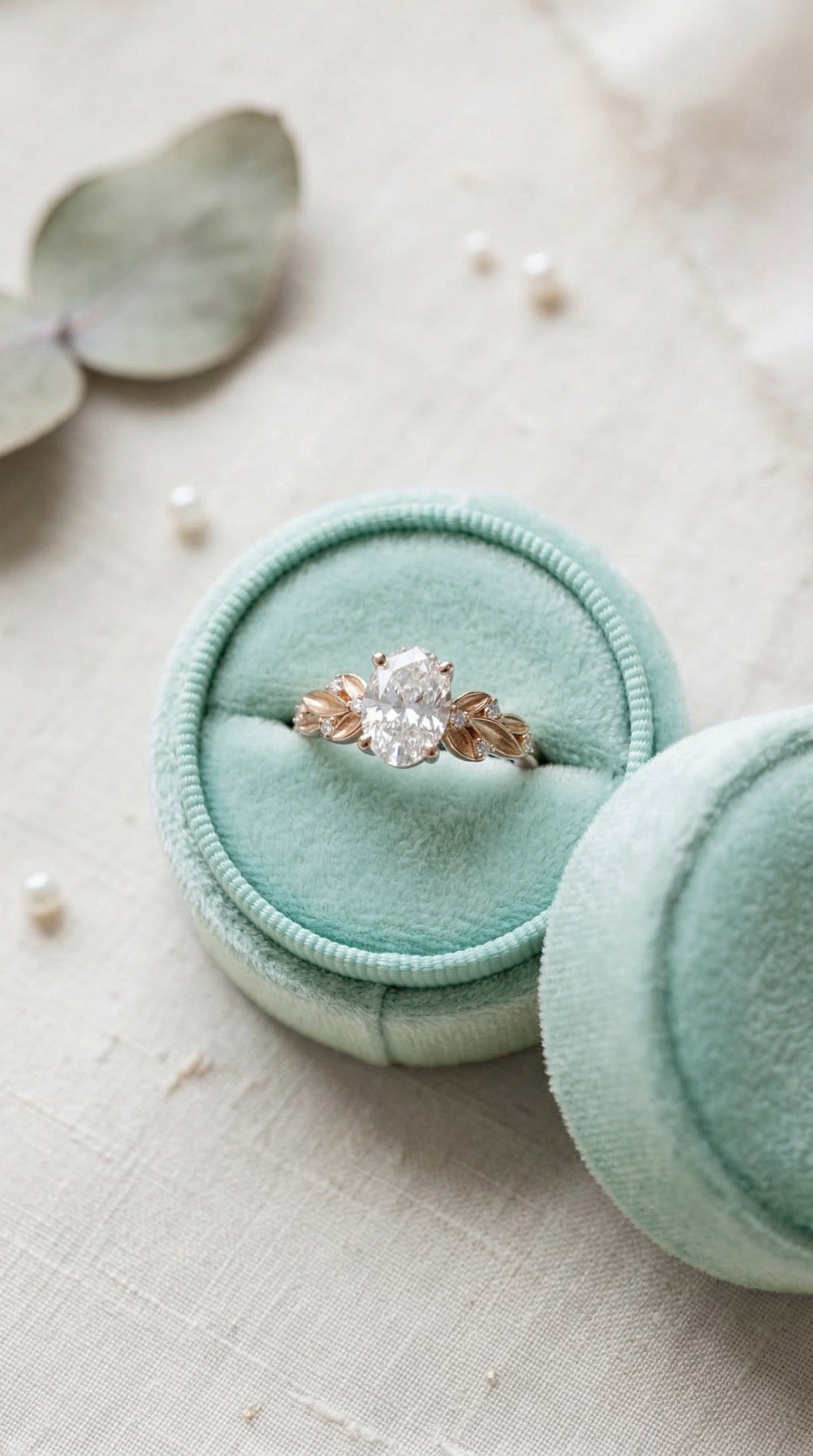 14K Gold Oval Diamond Leaf Engagement Ring
