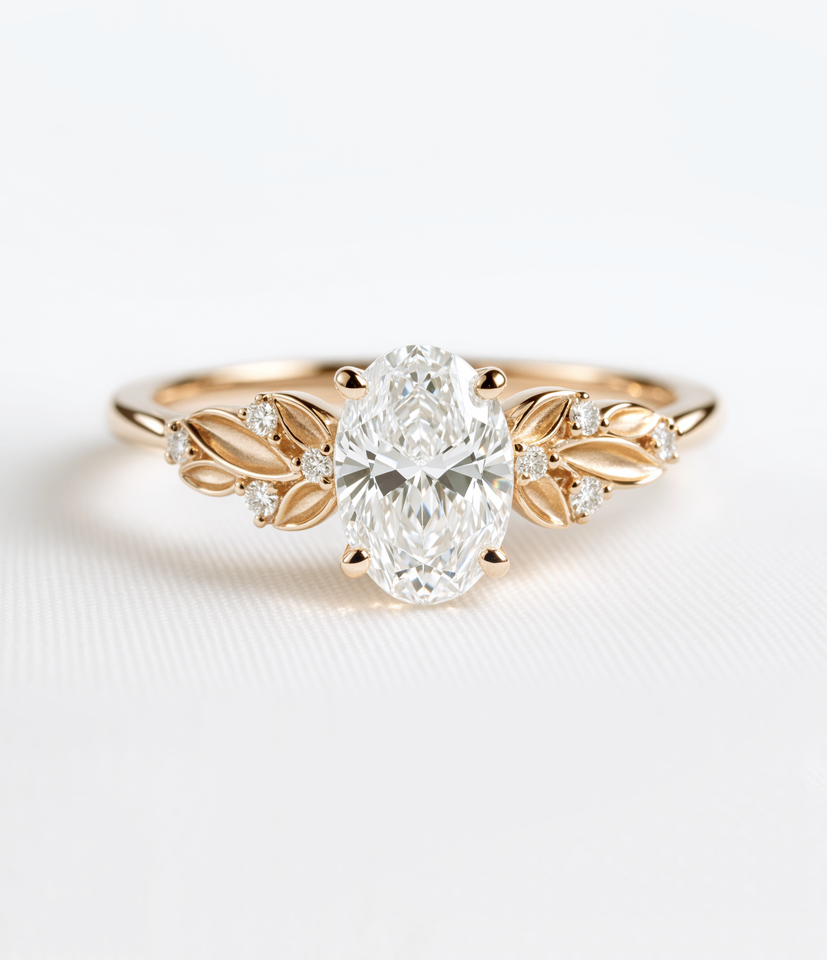 14K Gold Oval Diamond Leaf Engagement Ring