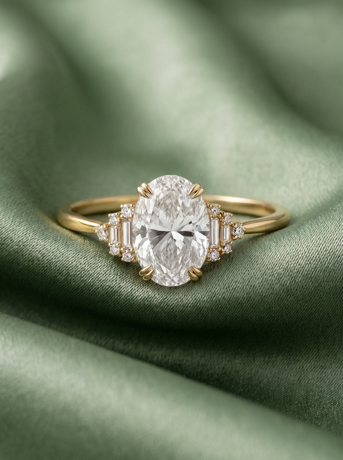 14K Gold Oval Diamond Art Deco Engagement Ring