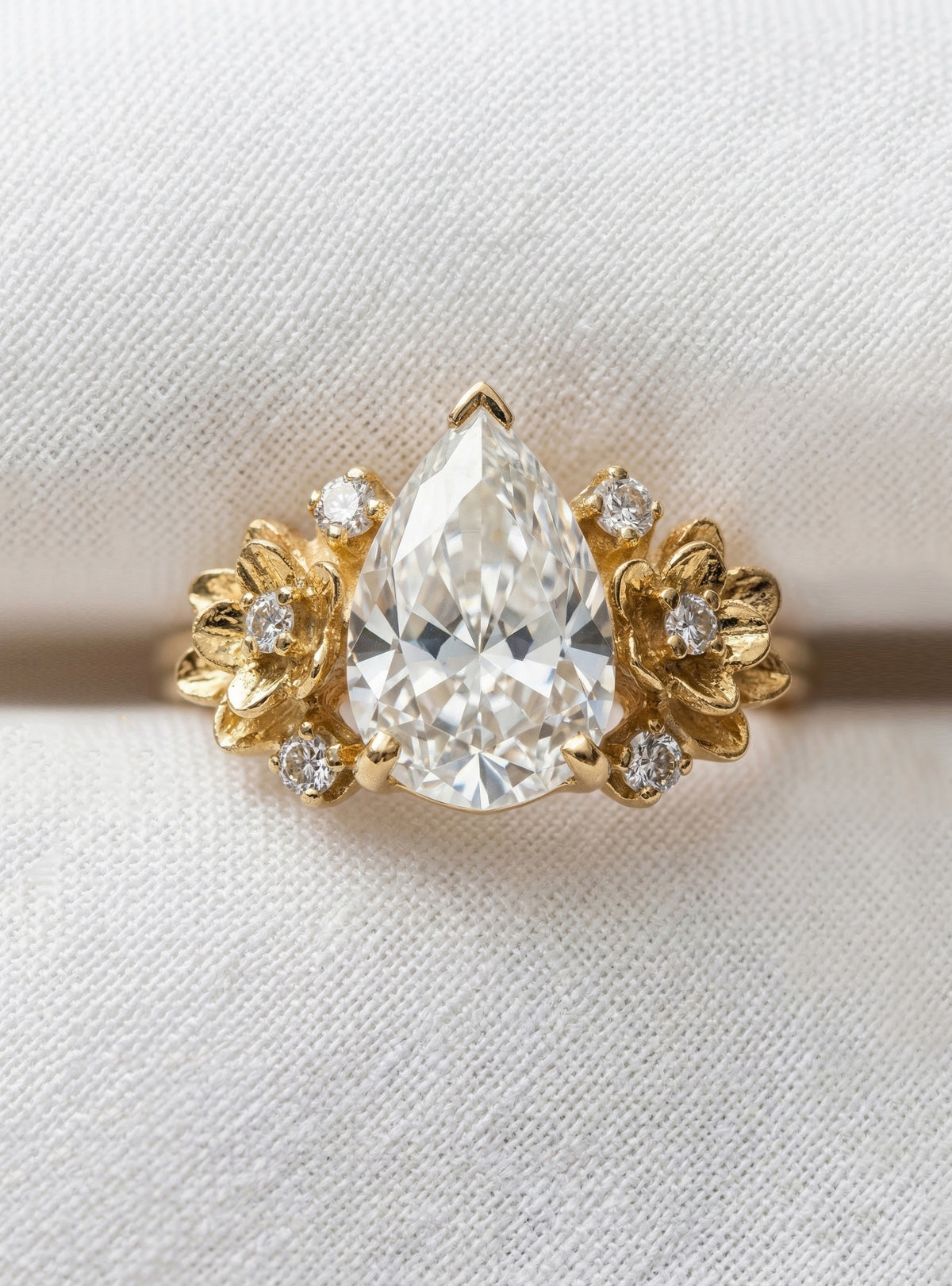 14K Gold Pear Diamond Flower Ring