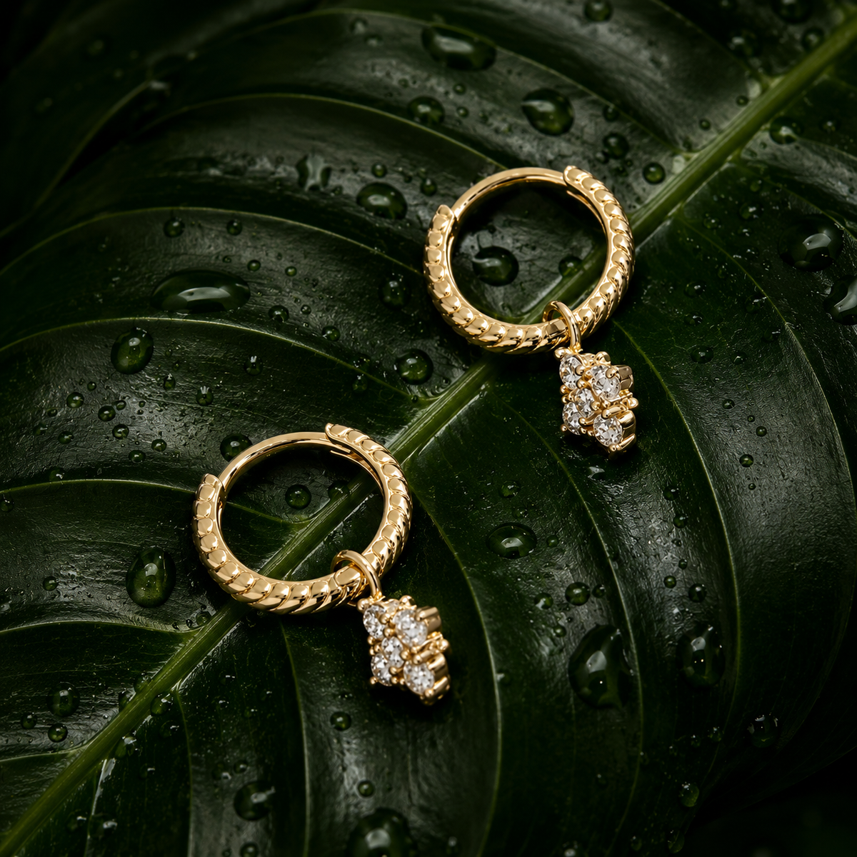 14K Gold Rope Hoop Earrings - diamond charm
