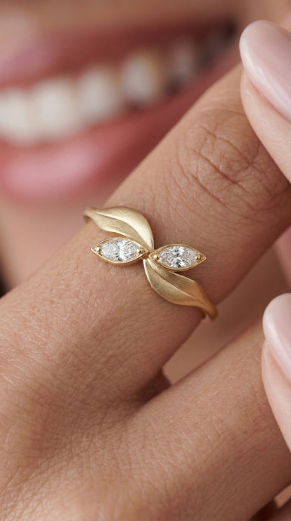 14K Gold Leaf Toi Et Moi Diamond Ring