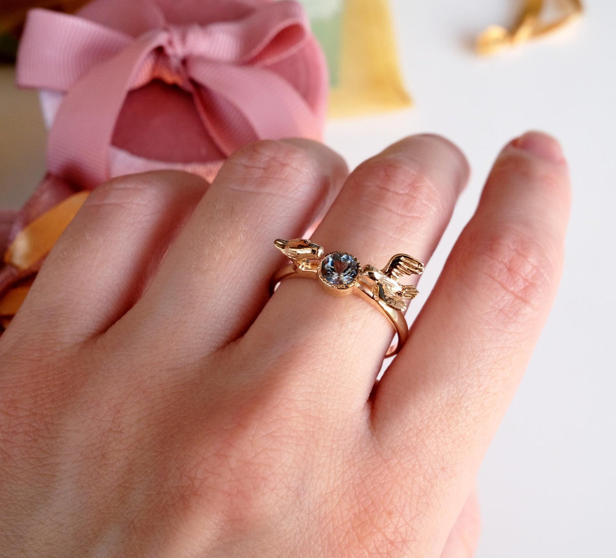 14K Gold Aquamarine Two Birds Ring, close-up detail