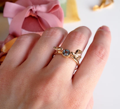 14K Gold Aquamarine Two Birds Ring, close-up detail