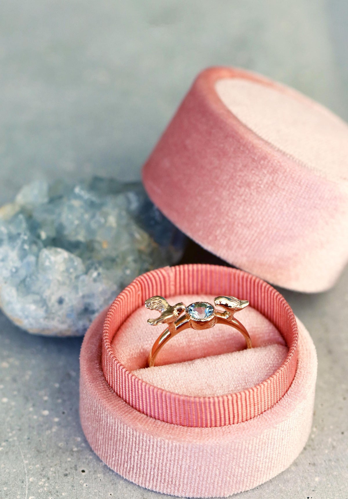 14K Gold Aquamarine Two Birds Ring, side view