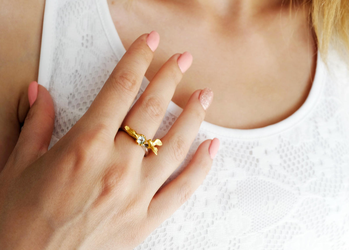 14K Gold Aquamarine Two Birds Ring, worn look