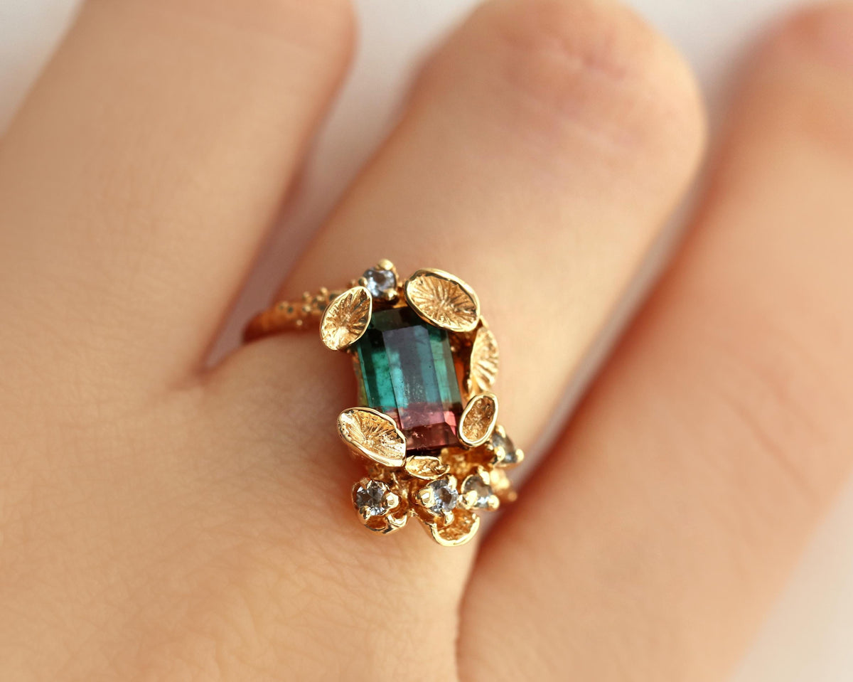 14K Solid Gold Bi-Color Tourmaline Ring, alternate angle