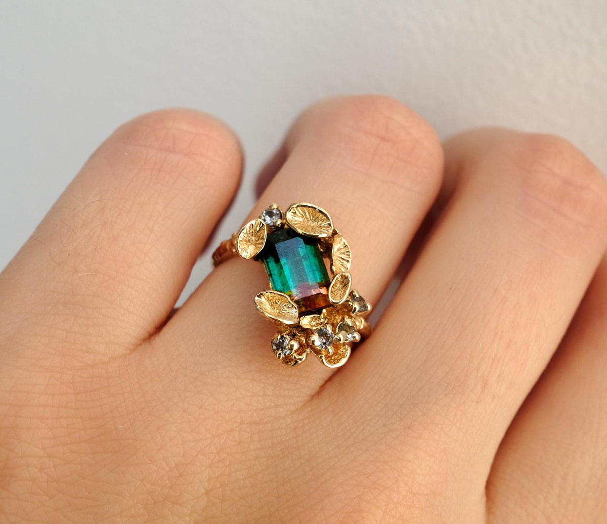 14K Solid Gold Bi-Color Tourmaline Ring, close-up detail