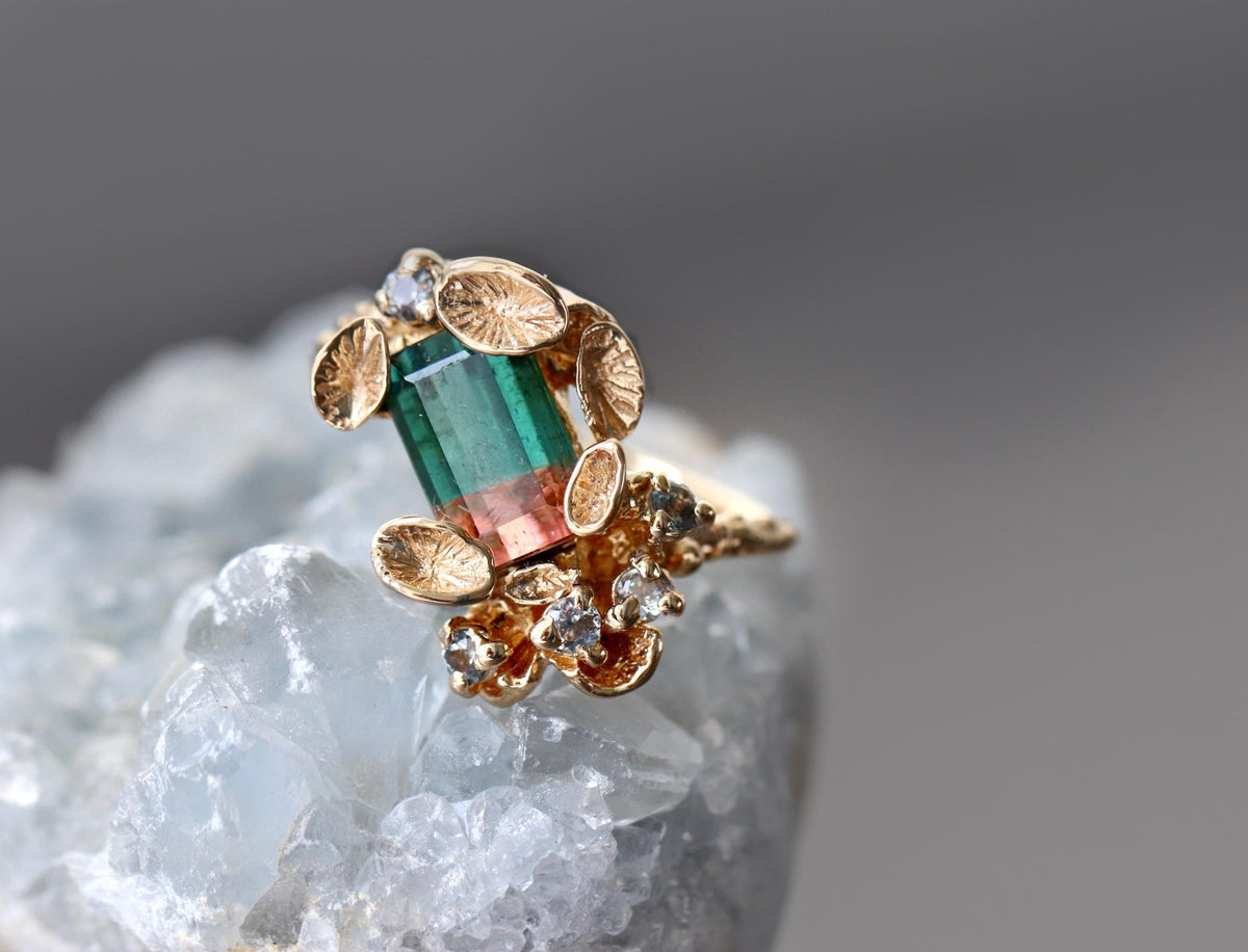 14K Solid Gold Bi-Color Tourmaline Ring, side view
