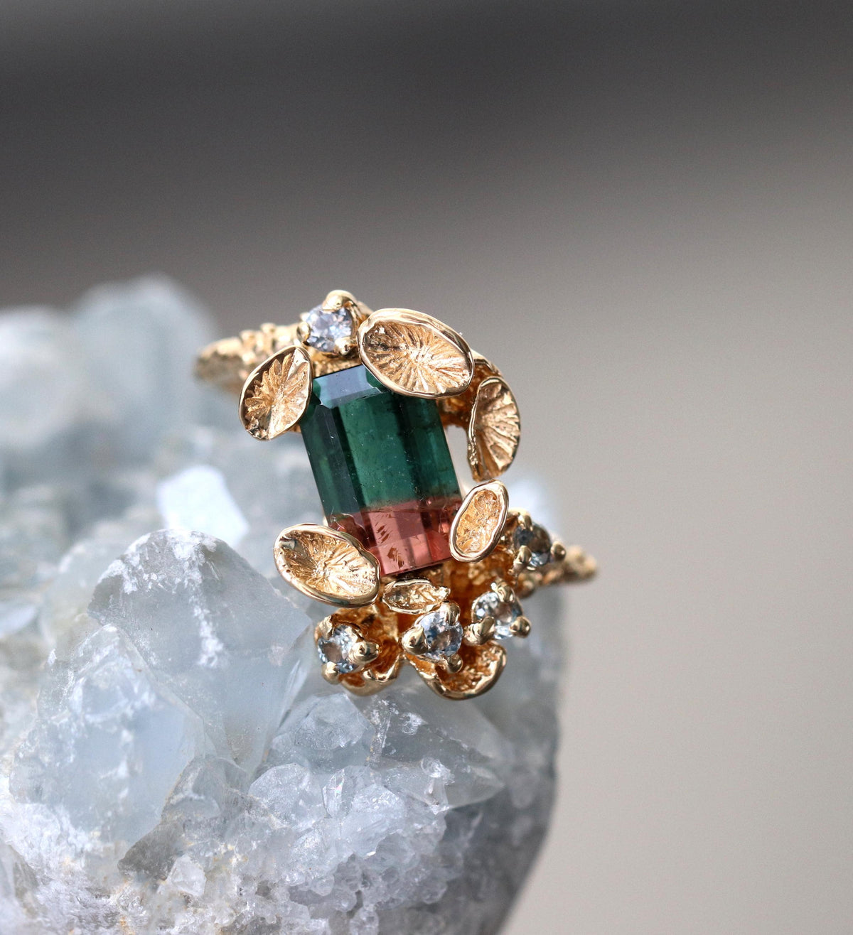 14K Solid Gold Bi-Color Tourmaline Ring, worn on hand