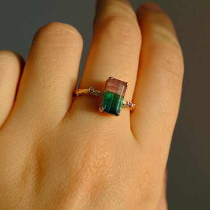14K Solid Gold Bicolor Tourmaline Ring, alternate angle, image 11