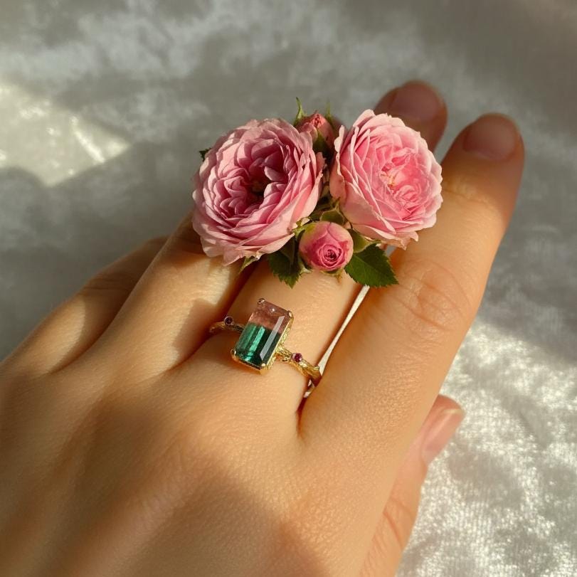 14K Solid Gold Bicolor Tourmaline Ring, close-up detail