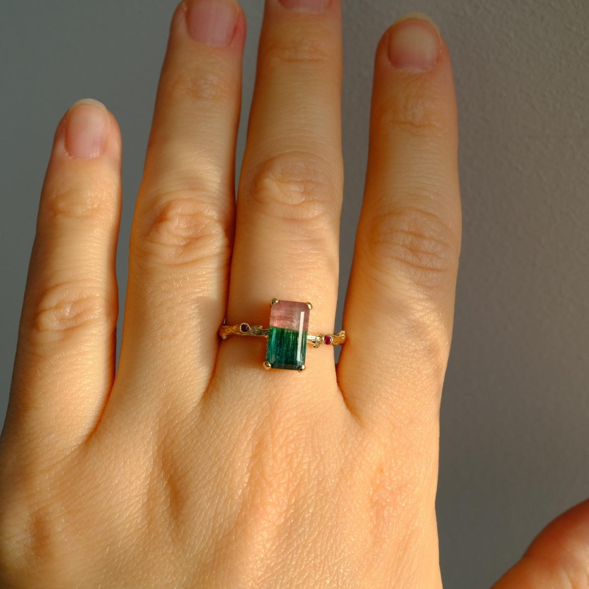 14K Solid Gold Bicolor Tourmaline Ring, worn on hand