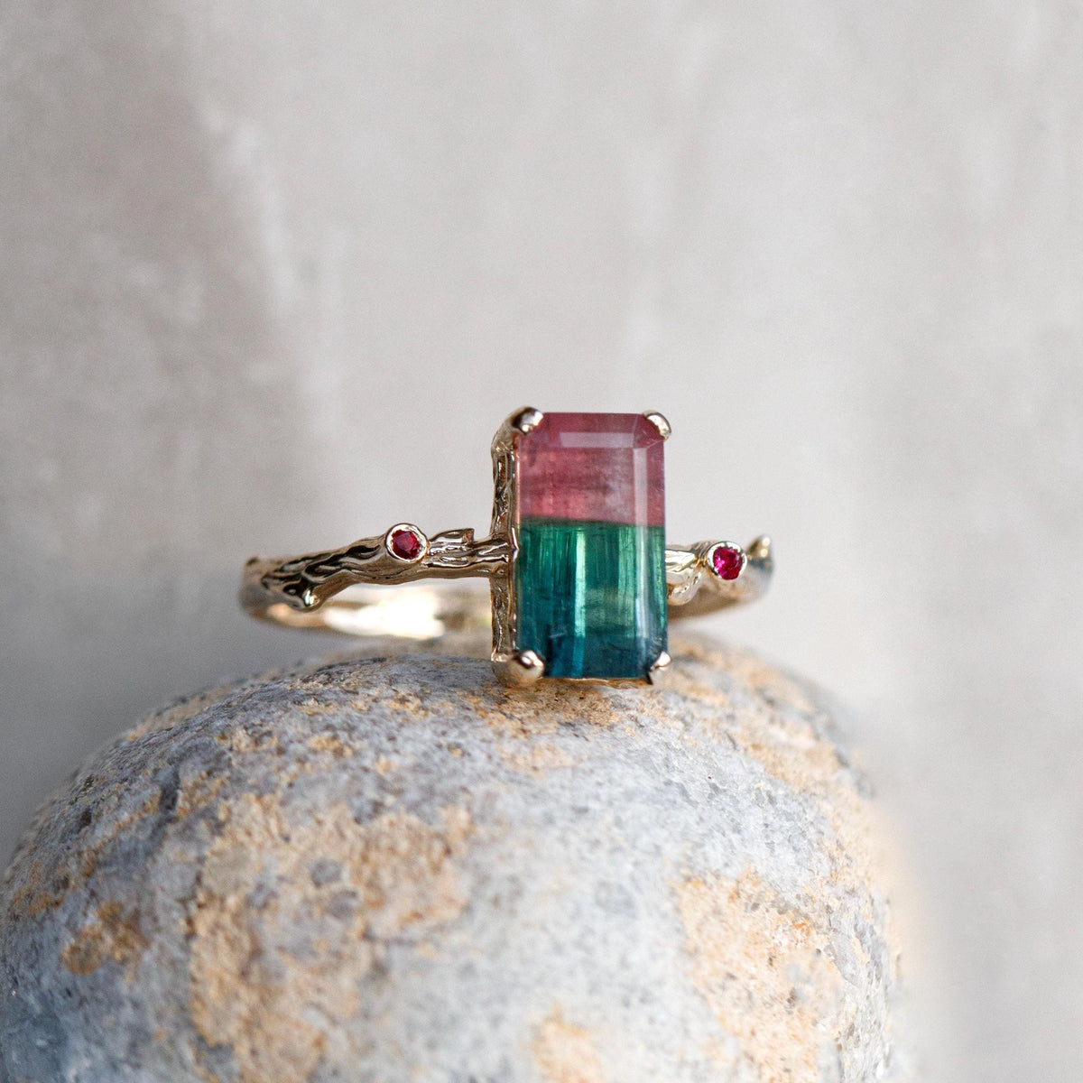 14K Solid Gold Bicolor Tourmaline Ring, setting detail