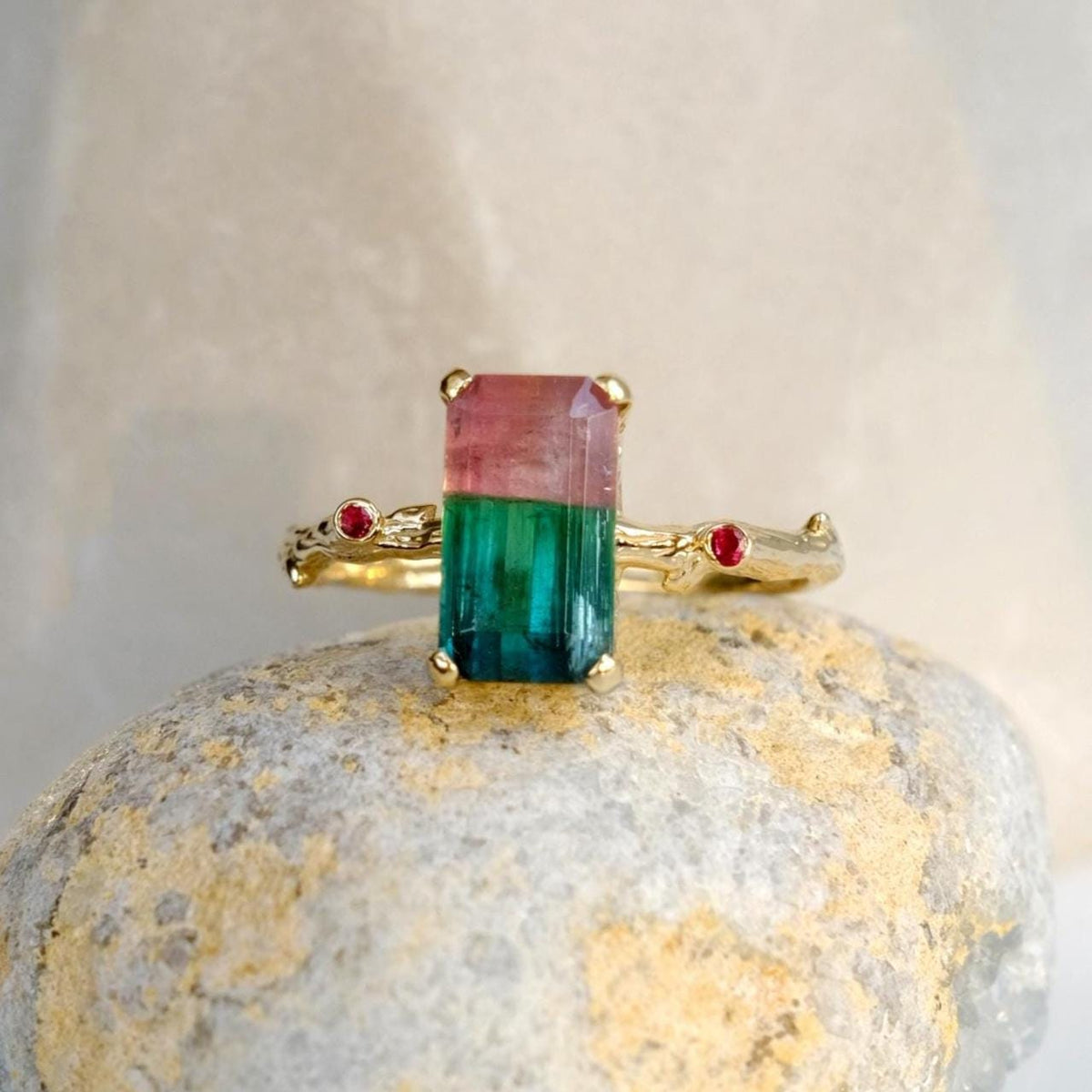 14K Solid Gold Bicolor Tourmaline Ring, additional angle